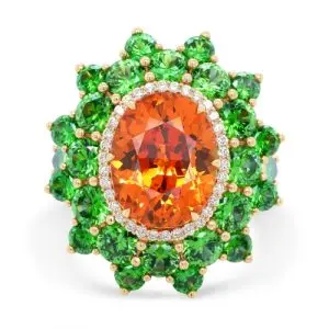 Gold Ring with Spessartite Demantoids and Diamonds