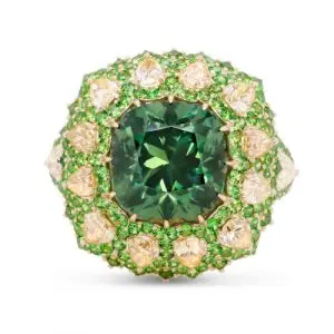 [SKU-234] Gold Ring with Demantoids and Colorless Diamonds