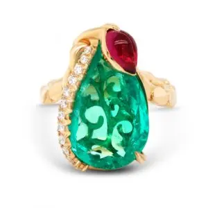 [SKU-292] Colombian Emerald ring with Rubellite and Diamonds
