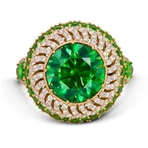 [SKU-334] Gold Ring with Demantoids and Colorless Diamonds